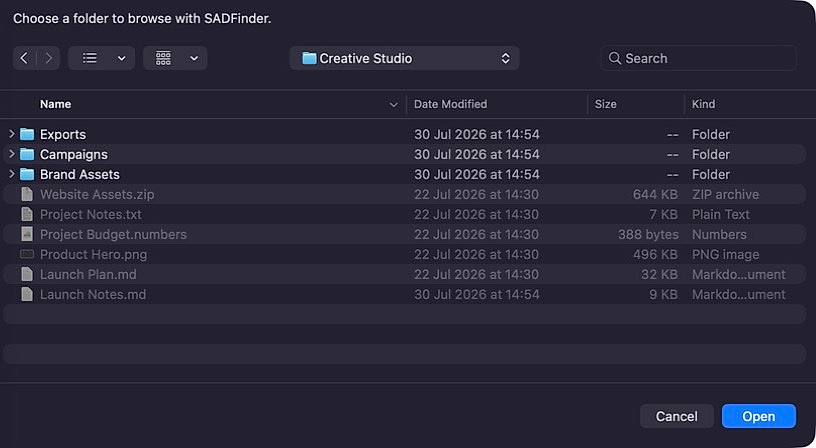 Apple's real folder picker opened by the Mac App Store build of SADFinder, showing a safe demo folder