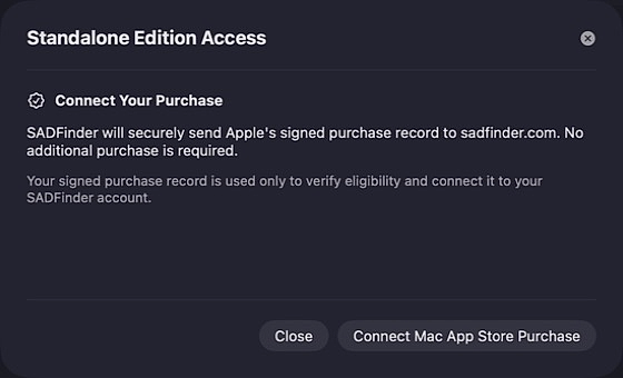 The real Standalone Edition Access dialog before connecting a Mac App Store purchase