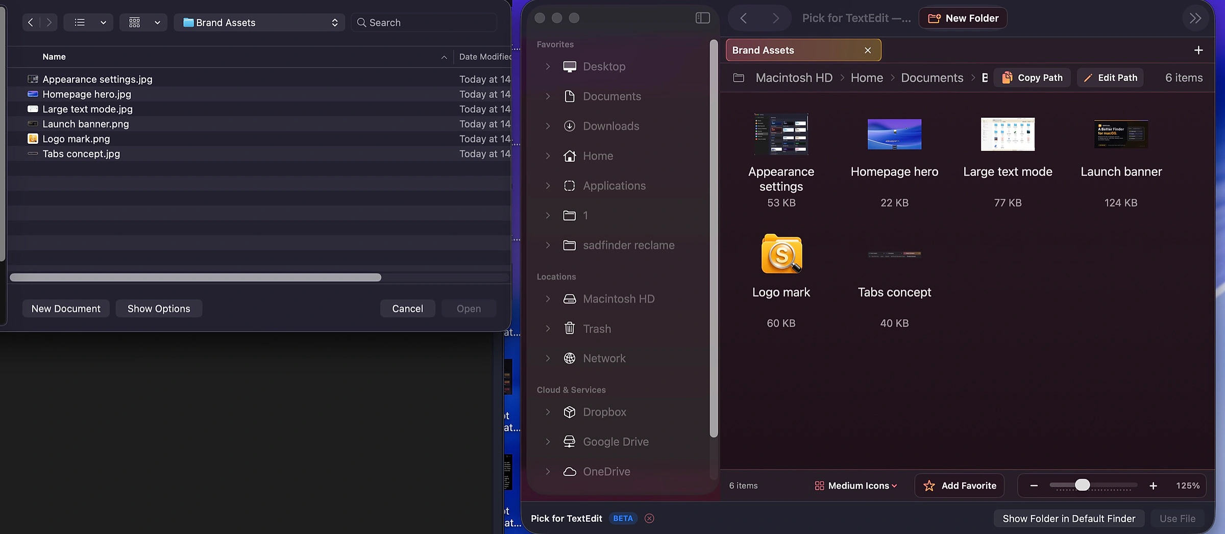 The real SADFinder Dialog Picker beside a macOS file dialog