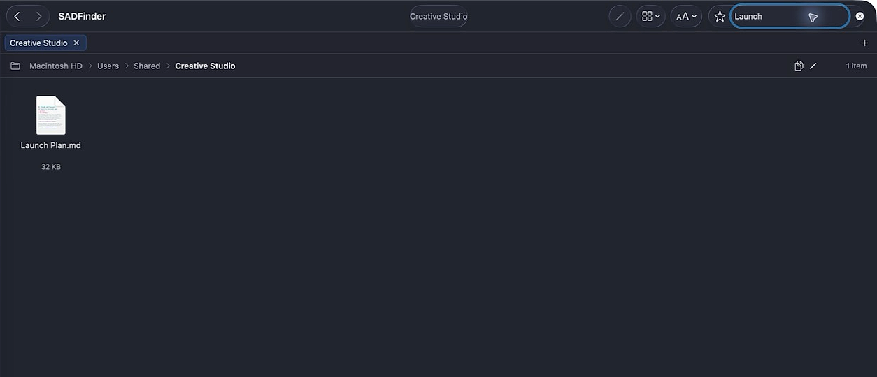The real filename search in the Mac App Store build of SADFinder, showing one result in a safe demo folder