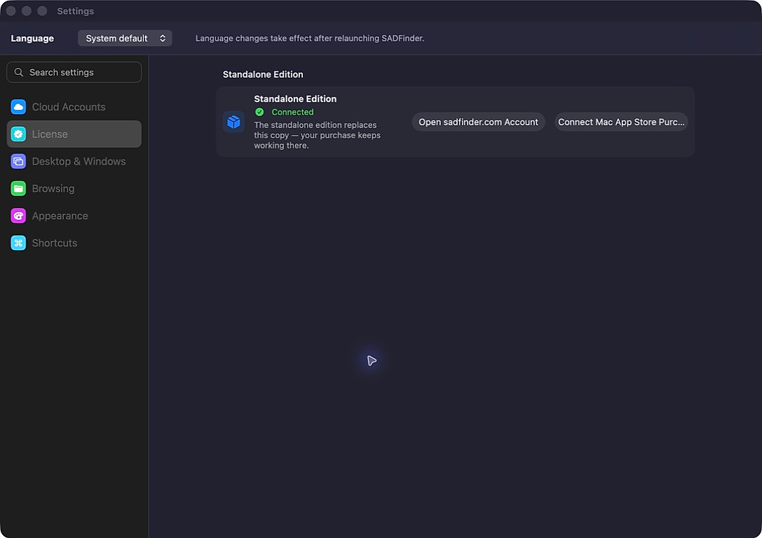The real License settings in the Mac App Store build, showing the Standalone Edition connection controls