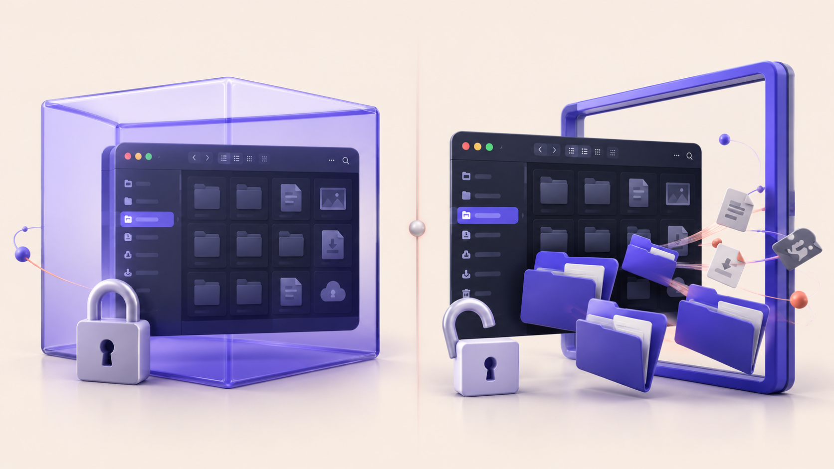 A file manager constrained inside a translucent sandbox beside an unrestricted edition