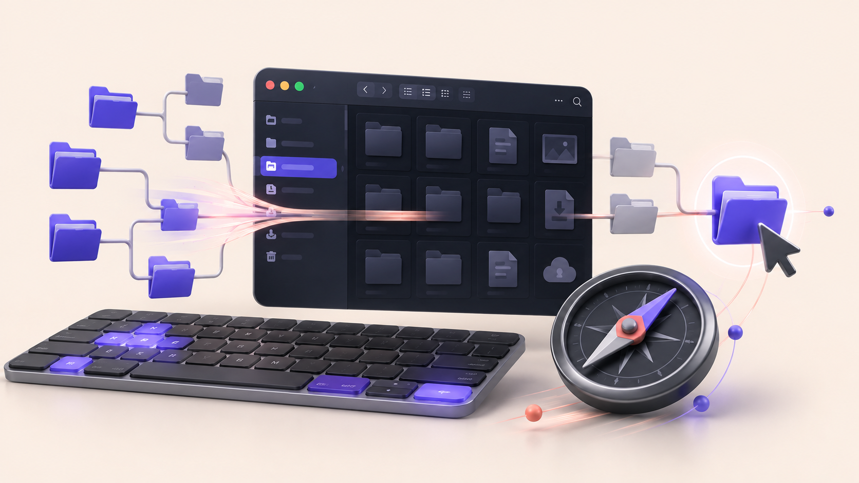 A keyboard, file manager and branching folder path illustrating faster file navigation