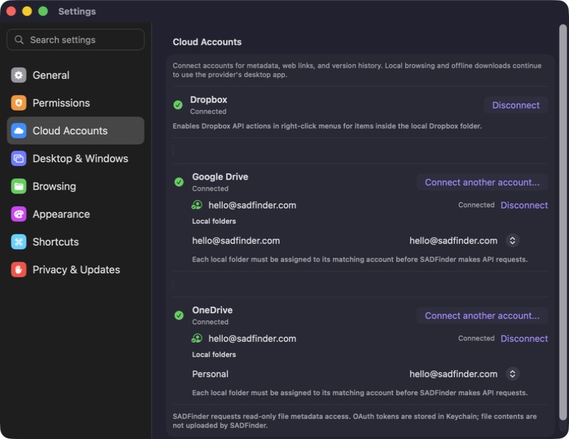 SADFinder Settings showing Dropbox, Google Drive, and OneDrive account connections