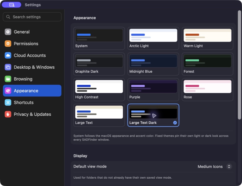 SADFinder Appearance settings with Large Text Dark selected